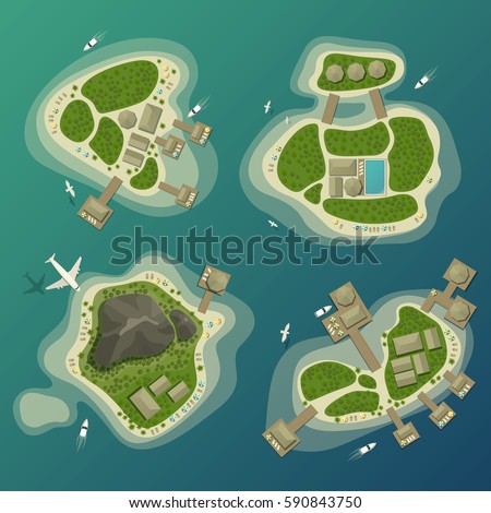 Top view on lagoon on tropical islands with bays and bungalow, houses and bridges, sand beach and umbrellas. Boat or yacht, ship on sea or ocean, flying airplane and gull. Map and tourism sign, travel