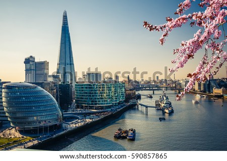 Aerial view on thames and london city at spring Royalty-Free Stock Photo #590857865