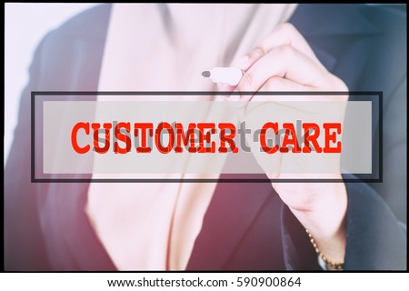 Hand and text CUSTOMER CARE with vintage background. Technology concept.