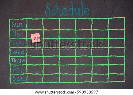Freehand green chalk doodle sketch of blank monthly grid timetable schedule on black chalkboard background: Hand drawn study plan on blackboard with weekly date written in colorful pastel color