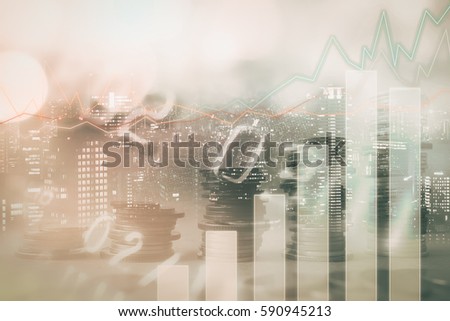 Double exposure of city, credit card, graph and rows of coins for finance and business concept