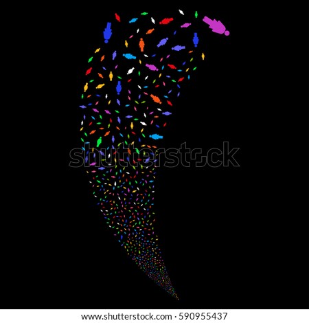 Woman Person random fireworks stream. Vector illustration style is flat bright multicolored iconic symbols on a black background. Object fountain combined from scattered pictographs.