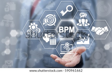 BPM: Business Process Management concept. Company Strategy, Marketing, Development technology. Businessman offer bpm icon on virtual screen.
 Royalty-Free Stock Photo #590961662