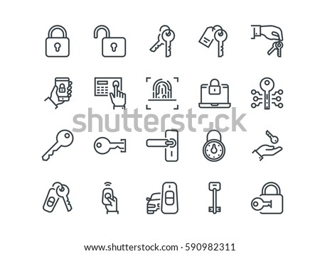 Keys and Locks. Set of outline vector icons. Includes such as Car Keys, Fingerprint and other. 48x48 Pixel Perfect. Royalty-Free Stock Photo #590982311