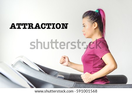 ATTRACTION : Typed words over the asian athletics women inside the gymnasium fitness centre with white background. Conceptual image for sports, training, athlete and fitness.