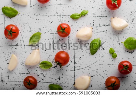 Tomato garlic basil background, product photography, ready for advertising