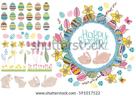 Round frame with pretty rabbits and text Happy Easter. Festive floral circle for your season design.
