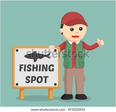 fisherman standing beside fishing spot sign