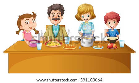 Family members having dinner at the table illustration