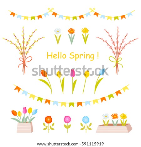 Gardening cute collection of design elements, isolated on white background. Nature clip art. Spring icons set, flat style.
