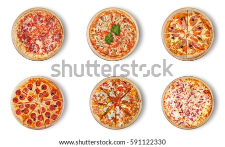 Six different pizza set for menu. Italian food traditional cuisine. 1) Meat pizzas with  salami 2) seafood 3) ham 4)pepperoni 5) barbecue 6) flaming pie. 
