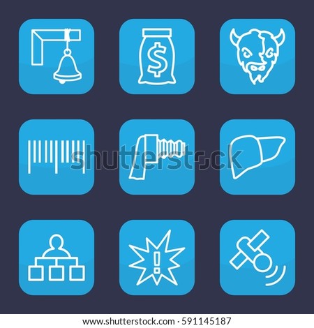isolated icon. Set of 9 outline isolated icons such as goat, structure, liver, camera zoom, bell, satellite, barcode, exclamation