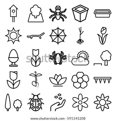 spring icons set. Set of 25 spring outline icons such as beetle, hand with seeds, flower, plowing tool, pot for plants, nesting house, ladybug, sprout, sun, tree, egg