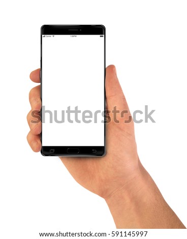 Modern Smartphone bezel less in hand black - blank screen isolated on white background mockup