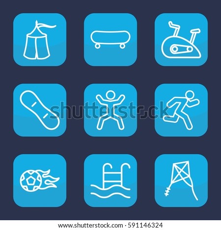 activity icon. Set of 9 outline activity icons such as squat, running, swimming pool, kite, tent, football ball, exercise bike, snow board