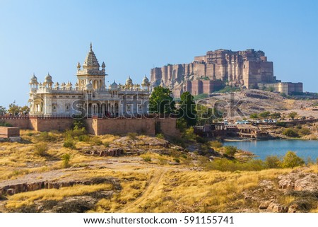 The Jaswant Thada memorial with the Mehrangarh Fort in the background in Jodhpur, India