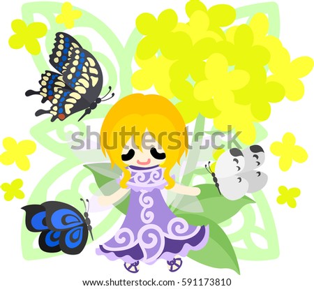 Pretty fairy and beautiful brassica and three butterflies