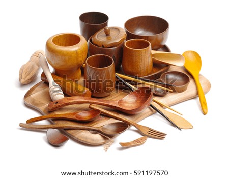 wood craft (cups, bowl, spoons, scoops) on white background