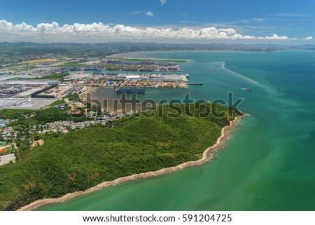 Ariel view of Laem Chabung in Chonburi Province, Thailand. Royalty-Free Stock Photo #591204725