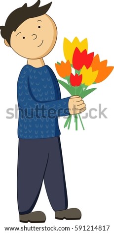handsome man in blue sweater and jeans holding a bouquet of yellow red and orange tulips on woman's day