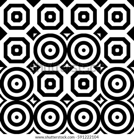 Vector seamless pattern. Geometric ornament, design template with striped black white circles and polygons. Background, texture with figurative geometry. Decor for card tile textile parquet border