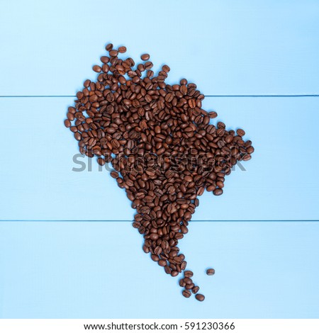 flat layout of roasted coffee beans forming outline the continent / South America for gourmets