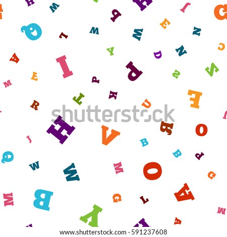 Colorful letter seamless pattern on white background. Vector illustration for alphabet education design. Random letters flying. Book concept for grammar child kid school. Bright color letter shape