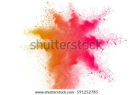 An explosion of colored powder. Beautiful powder fly away. The cloud of glowing color powder on white background