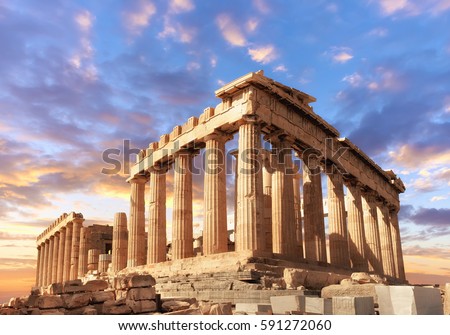 Parthenon temple on a sinset. Acropolis in Athens, Greece, This picture is toned. Royalty-Free Stock Photo #591272060