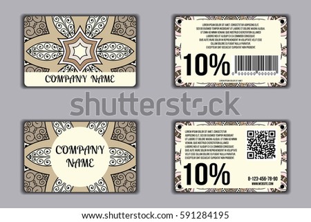 Set of discount cards with floral mandala pattern. Loyalty card. Front page and back page. Vector coupon with round floral ornament on background.