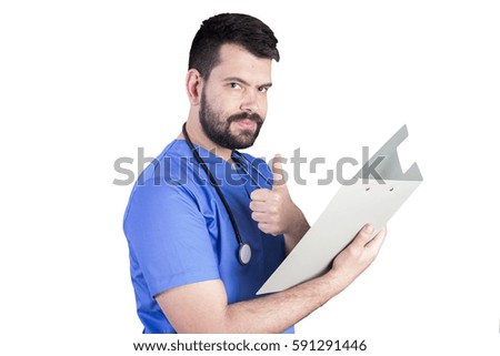 Portrait of a handsome doctor wearing blue clothes