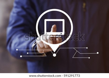 Businessman pressing button computer media network. Concept virtual web pointer.