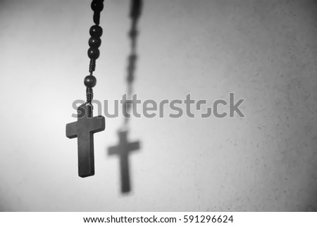 Holy Wooden Christian Cross. Black and white effect picture.