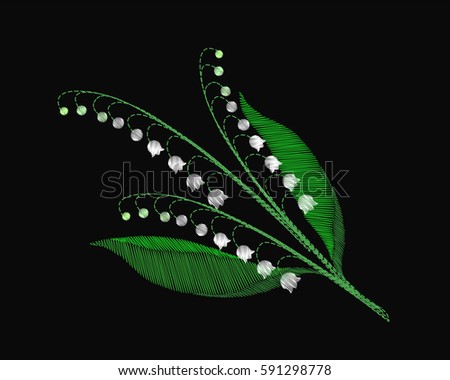 Embroidery ethnic flowers neck line lily of the valley forest white small flower green leaves design graphics fashion wearing patch vector illustration
