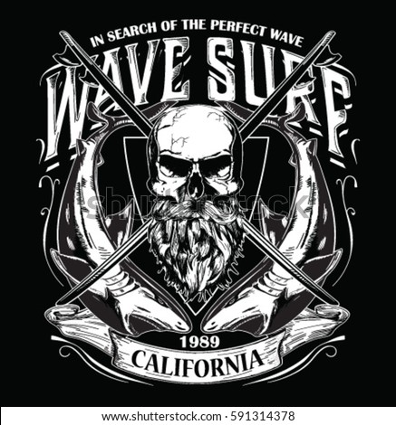 surf typography, t-shirt graphics , vectors shark and skull and surf board silhouette