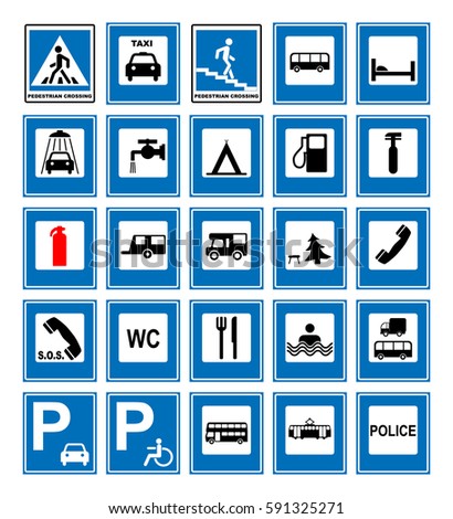 Informational road blue symbols set. Vector illustration isolated on white. Mandatory signs. Ready to use traffic banner