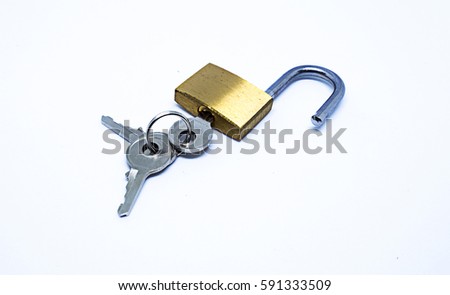 Opened padlock and keys isolated on white background