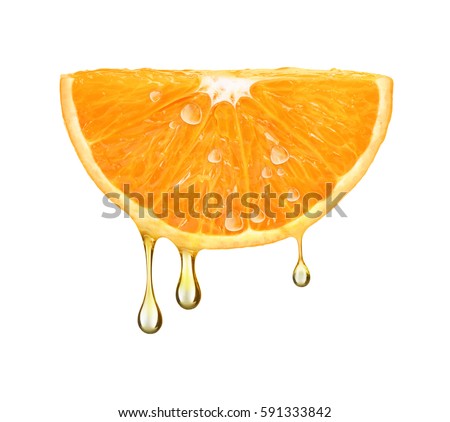 drops of juice falling from orange half isolated on white background  Royalty-Free Stock Photo #591333842