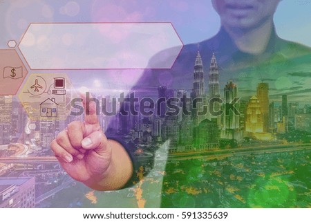Double exposure businessman working with tablet and night views of the city as a concept of technology and cyberspace, empty box for wording