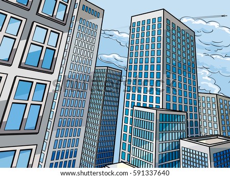 City skyscraper buildings background scene in a cartoon pop art comic book style 