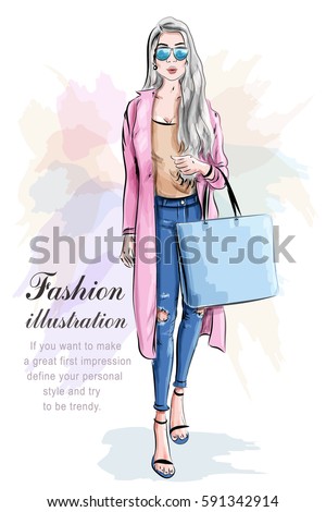 Fashion girl with shopping bag. Fashion set. Stylish woman. Vector illustration.
