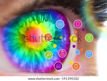 Close up of eye against digitally generated application icons against white background