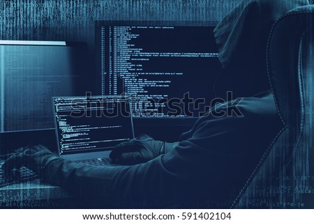 Internet crime concept. Hacker working on a code on dark digital background with digital interface around. Royalty-Free Stock Photo #591402104