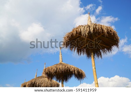 Beach straw umbrellas with blue sky