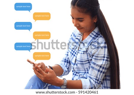 woman using smartphone communication on white background