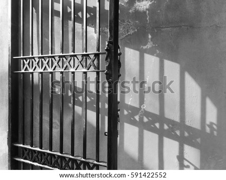 Old metal door structure vintage design have pattern of shadow, Black and white picture.