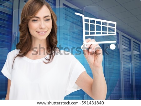 Digital composition of woman drawing shopping cart sign on screen against server room in background