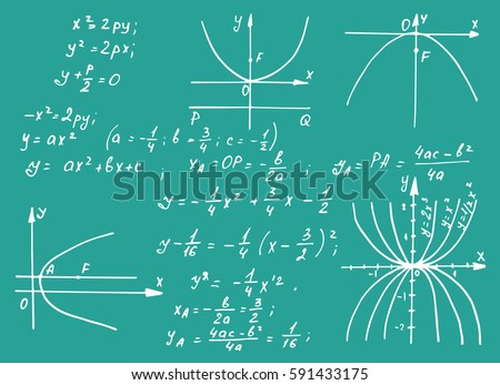 Vintage education and scientific background. Math law theory and mathematical formula, equation and scheme on blackboard. Vector hand-drawn illustration.