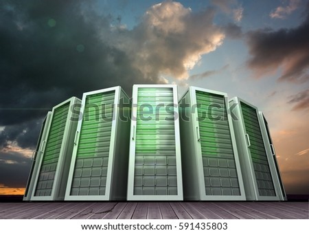 Server rooms arranged in a rows against digitally generated cloudy sky