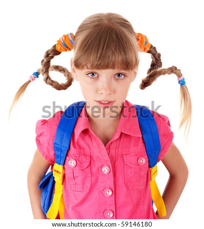 School girl with backpack. Isolated.